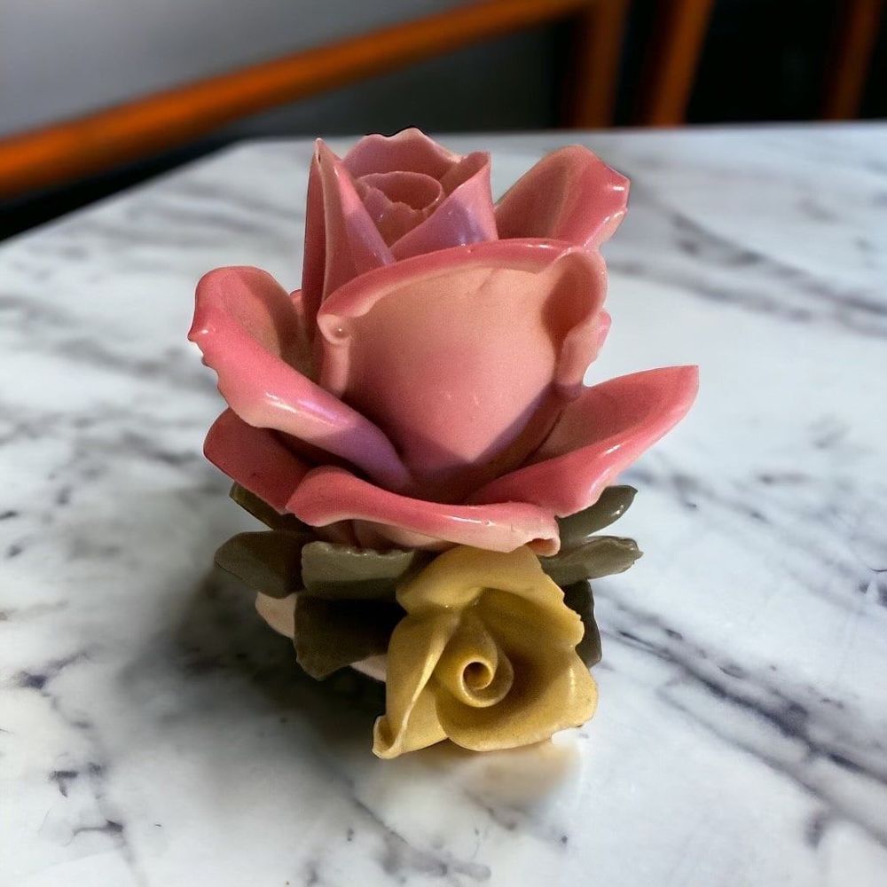 Vintage Dresden rose figurine, pink & yellow porcelain rose,fine China rose
